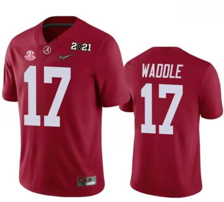 Men's Alabama Crimson Tide #17 Jaylen Waddle Red 2021 Patch Stitched Football Jersey